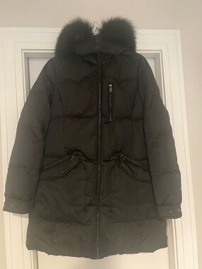 1 Madison Black Long Puffer Coat with Fur-Trim Hood